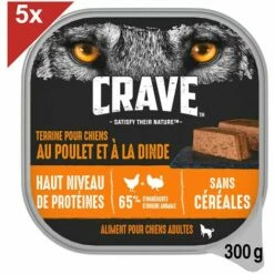 CRAVE Terrine En Barquette Au Poulet Et à La Dinde Pour Chiens Adultes (5x300g)
